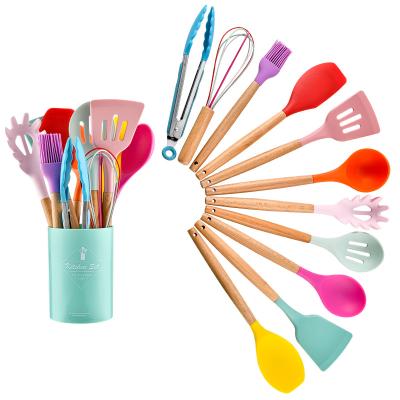 China Sustainable 11 Pieces In 1 Set Silicone Kitchen Accessories Cooking Tools Kitchenware Silicone Kitchen Utensils With Wooden Handles for sale