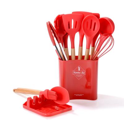 China Stocked 12 Pieces In 1 Set Silicone Kitchen Accessories Cooking Tools Kitchenware Silicone Kitchen Utensils With Wooden Handles for sale