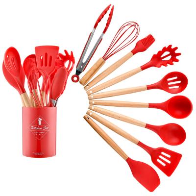 China Sustainable Kitchen Accessories Cooking Tools Kitchen Utensils Kitchenware Soft Silicone With Wooden Handles Hot Selling 9pcs In 1 Set Green for sale