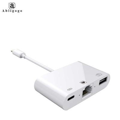 China Top Phone Supplier 3 in 1 Lighting to RJ45 Ethernet USB Hub Adapter for iPhone XR/XS/8/7 iPhone iPad to USB Camera Adapter for sale