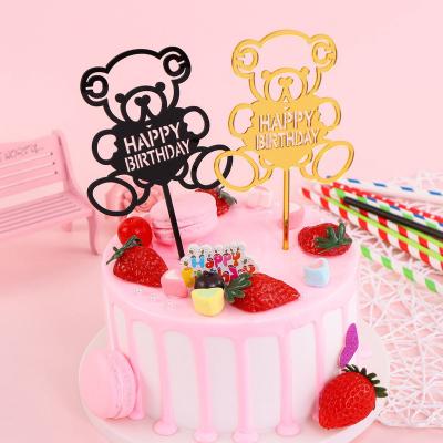 China Cute Bear Acrylic Cake Topper Happy Birthday Decoration Props Supplies Baking Dessert Kid Black Gold Silver 2023 Cute New for sale