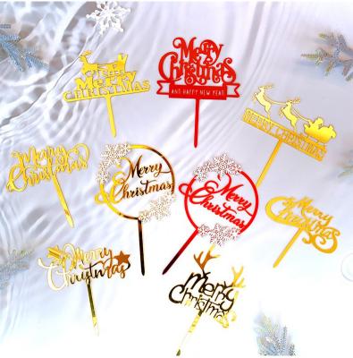 China Factory Hot Sale Christmas Deer Decoration Ornament Slid Plated Snowflake Laser Cut Red Acrylic Merry Christmas Gold Cup Cake Topper for sale