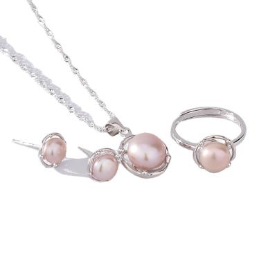 China CLASSIC S925 Silver Gold Plated Ring Earrings Necklace Jewelry Set For Wedding Women Purple White Pearl for sale