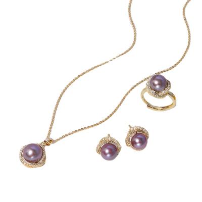 China CLASSIC Natural Purple Pearl Perline Jewelry Making Necklace Ring and Earring Women Wedding Gold Jewelry Sets for sale