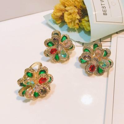 China New Style Romantic Design Tourmaline Flower Camellia Pendant Open Ring Bracelet Gemstone Jewelry Bridal Set for sale