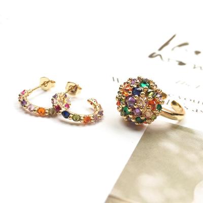 China C-Shaped Opening Diamond Ring Hawaiian Jewelry Set 2021 Copper Zircon High Quality Romantic Rainbow Women's Earrings for sale