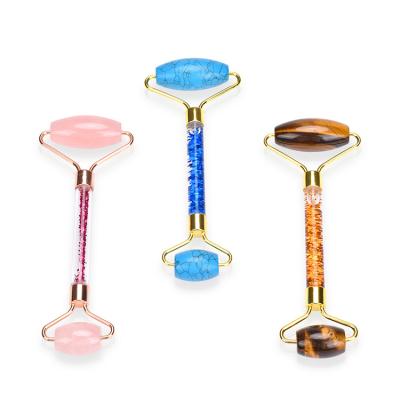 China Rose Quartz Facial Massage Roller Rose Jade Roller Face And Neck OEM Logo With Shiny Glitter for sale