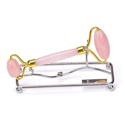 China Rose Quartz Heads 2021 Upgraded Arc Shape Strong Handle Rose Quartz Roller Jade Roller For Face for sale