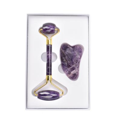 China Stone/Massager Hot Selling Zinc Alloy/Acrylic 100% Crystal Amethyst Natural Face Lift Roller For Facial Massage for sale