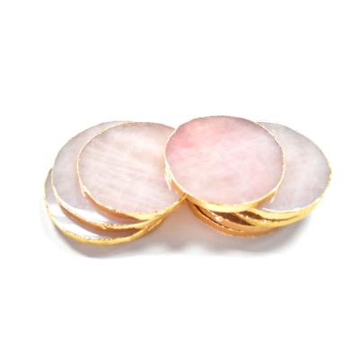 China Europe Natural Pink Color Polished Crystal Rose Quartz Slices 6-8 Cm Sizes Coasters With Gold Rim for sale