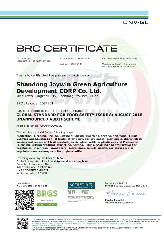 BRC - Shandong Joywin Green Agriculture Development Co., Ltd.