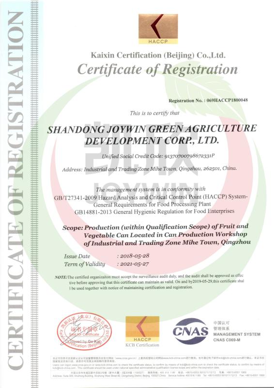 HACCP - Shandong Joywin Green Agriculture Development Co., Ltd.