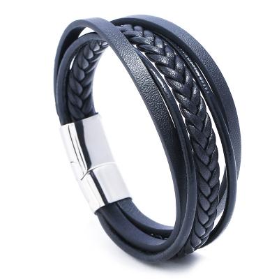 China Europe and America fashion accessories high quality stainless steel leather bracelet men's multi-layer titanium steel leather bracelet for sale