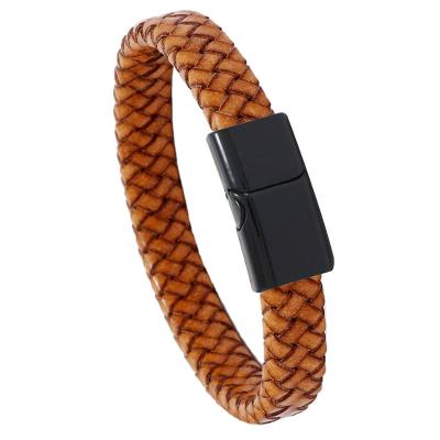 China Retro Woven Men's Bracelet Simple Quick Magnetic Leather Vintage PU Leather Jewelry Delivery Time Clasp Cuff Bangle for sale