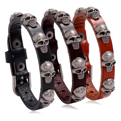 China Wholesale three colors men's fashion skull bracelet belt buckle genuine leather jewelry punk stock punks sell for sale