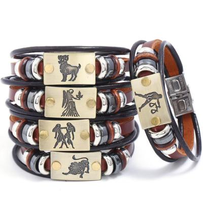 China Best Selling New Simple 12 Vintage Accessories Zodiac Leather Bracelet Stainless Steel Buckle Couple Leather Bracelet for sale