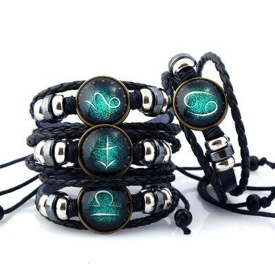 China Twelve Zodiac Environmentally Friendly Hand - Woven Bracelet Hand Beaded Retro Leather Bracelet Zodiac Wristband for sale