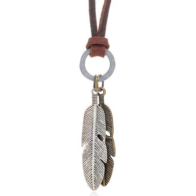 China Fashionable silver leather feather gold antique bronze jewelry rope vintage hip-hop sweater pendant necklace with adjustable size for sale