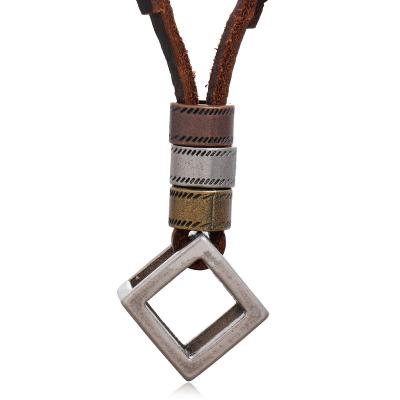 China FASHIONABLE Real Leather Pendant Necklace Mens Vintage Jewelry Square Hollow Chains Rope Charm Antique Bronze Necklace Size Adjustable for sale