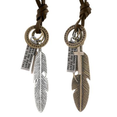 China New Hot Selling Jewelry Mens Hyperbole Europe and American Adjustable Feather Pendants Leather Necklace for sale