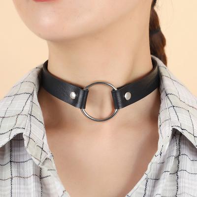 China Lady Gothic Exaggerated Punk Hot Sale Women Simple Round Shaped Choker Neck Strap Goth Leather Custom Collar for sale