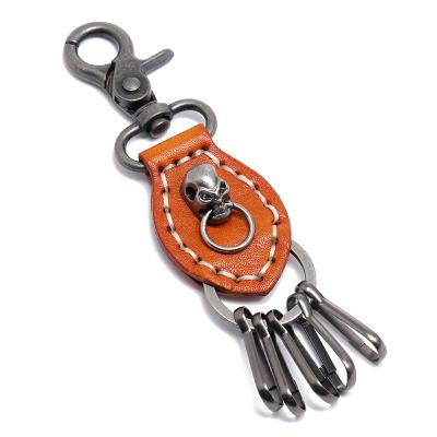 China Wholesale Cool Skull Vintage Punk Key Chain Men's Genuine Leather Keychain for sale