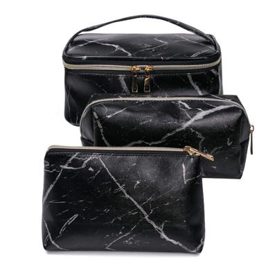 China Fashion 3 Pack Marble Makeup Bag Travel Toiletry Bag Pouch Portable Cosmetic Organizer with Small Brush Holders Gold Zipper Storage Case for sale