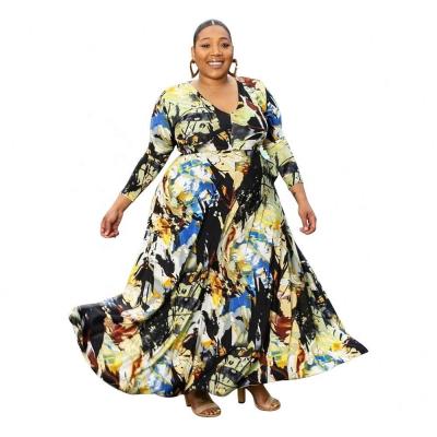 China Plus Size Long Sleeve Fashion Floor Length Style Plus Size Maxi Ladies Women Summer New Floral Printing Casual Dresses Plus Size Chiffon for sale