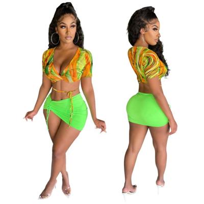 China QUICK DRY Summer Set Short Two Piece Short Two Piece Shorts Set Belted Top Elegant Mini Skirt Bodycon Clubwear for sale