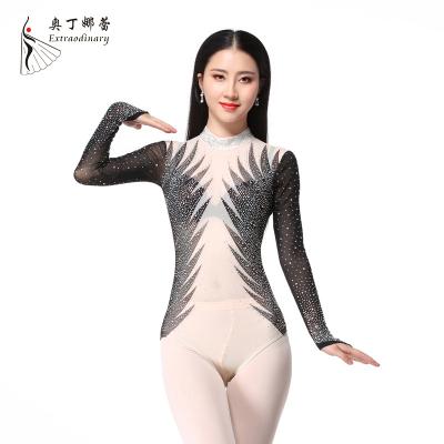 China Wholesale Sexy Transparent Dance Tops Elastic Mesh Ballroom Dancer Tights Latin Woman Dance Costume for sale