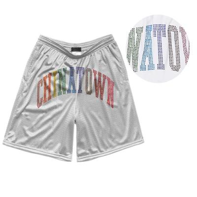 China anti wrinkle mens custom logo bling tassel plus size vintage streetwear oem summer high quality rhinestone shorts single mesh sublimated for sale