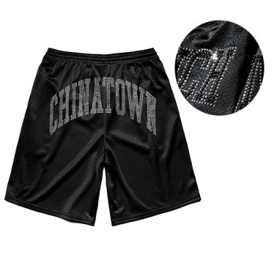 China Anti-Wrinkle Mesh Anti-Wrinkle Retro Mens Custom Logo Sublimated Breathable Streetwear White With Pockets Rhinestone Shorts Set for sale