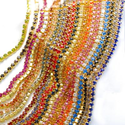 China Wholesale Flatback 2mm Base Crystal Glass Rhinestones Chain Trim Gold Of 1 Yard Clothing Accessories SS6 SS8 for sale