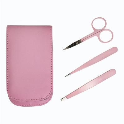 China 3 PCS Stainless Steel Eyebrow Tweezers Set With Beauty Scissor Tipped Pointed Tweezers Grasping Facial Ingrown Hair With PU Bag for sale