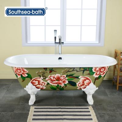 China Free Customized Hand-Painting Cast Iron Bathtub With Porcelain Enameled Cast Iron Bathtub for sale