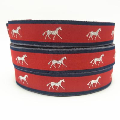 China 25mm red polyester metallic jump ride horse pattern silver jacquard ribbon Australia market horse ribbon/blinding for sale