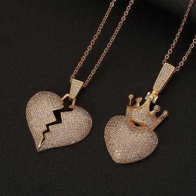 China High Quality Korean Style Zircon Pendant Big Heart Crown Love Heart Fashion Luxury Inlaid Broken Necklace for sale