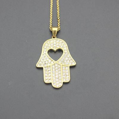 China New Design Hip Hop Fashion High Quality Exquisite Love Hollow Zircon Fatima Hand Pendant Necklace Gold Gemstone for sale