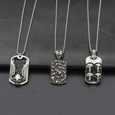 China High Quality European and American Hip Hop Punk Men's Styles Carved Skull Three Wings Square Pendant Necklace for sale