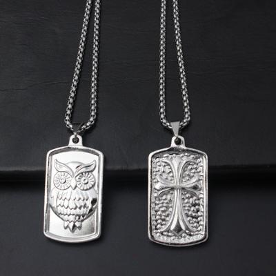 China High quality stainless steel men's personality hip-hop style Owl Square Pendant Necklace silver for sale