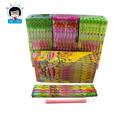 China Halal Fruit Strawberry Watermelon Apple Flavor Orange Bubble Gum Long Stick Filled Sour Powder Bubble Gum for sale