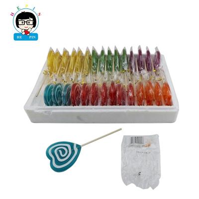 China Normal Handmade Opp Bag Packing Color Hard Candy Mix Swirl Fruit Heart Shape Hard Lollipop for sale