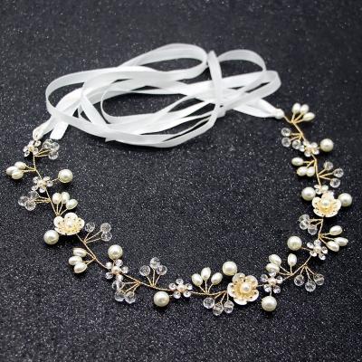 China Hair Accessories INS Beaded Pearl Flower Ribbon Wedding Headpiece Headband Luxury Bridal Hair Accessories For Wedding Party for sale