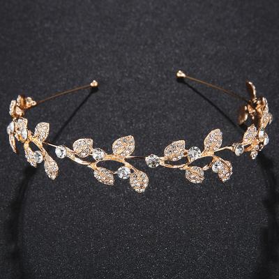 China Hair Accessories Wholesale Rhinestone Diamond Wedding Hairband Ladies Retro Sparkle Crystal Gold Leaf Headband Bridal Women's Crown for sale