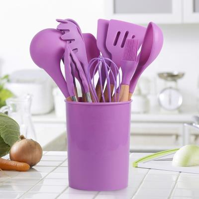 China 12 Pcs Non-Toxic Sustainable Cooking Tools Kitchenware Cocina Spatula Silicone Cooking Utensils Set With Wooden Handles for sale