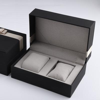 China Leather Watch Box Logo Low Custom MOQ Personalized Unique Leather Couples 2 Slot Gift Box Watch for sale