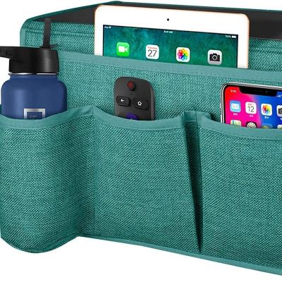 China Viable Canvas Fabric 400750 Hanging Bedside Organizer Cart Felt Storage Bag 4 Pockets For Remote Control Phone Magazine iPad Tablet for sale