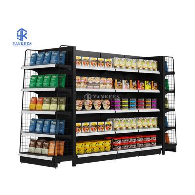 China Double Sided Pop Black Shelf Gondola Display Store Stand Up Storage Equipment Retail Counter For Shop Convenient Metal for sale