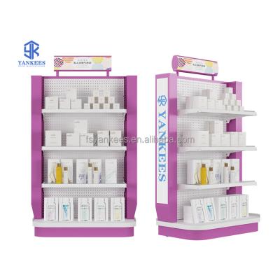 China Double-Sided Cosmetics Beauty Shop Skin Care Shop Display Stand Shelf Beauty Salon Display Cabinet Holder Boutique Product Display with Lights for sale