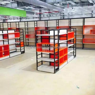 China Customized Double Sided Modern Industrial Rendered Gondola Display Supermarket Wood And Metal Shelf Store Fixtures for sale